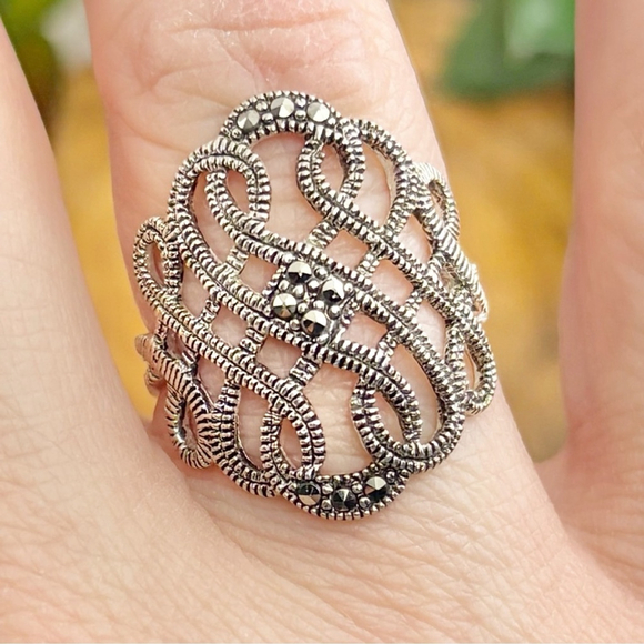 Vintage Antique Sterling Silver 925 Marcasite Ring Size 6 3/4 Chunky GUC Estate - Picture 3 of 10